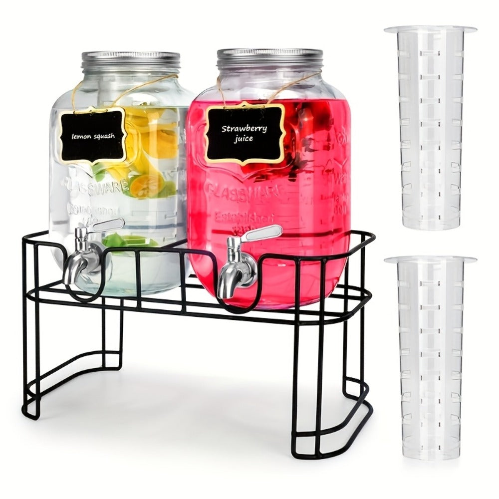 Glass Beverage Dispenser Set with Stand, 1-Gallon Square Glass Drink Dispenser with Stainless Steel Spigot & Ice Tube, Leak-Proof Lemonade Dispenser for Kitchen, Parties, Camping, 2pcs