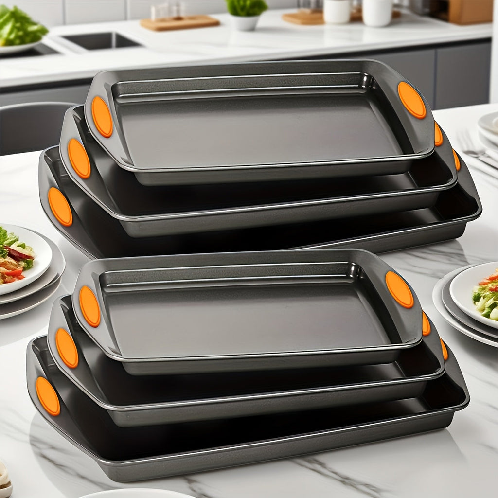 Nonstick Baking Sheet Set with Silicone Handles, Carbon Steel Cookie Sheet Pan Set in Assorted Sizes, Stackable Bakeware for Baking Roasting, Heavy Duty Oven Pans with Orange Handles, 2-Piece or 6-Piece