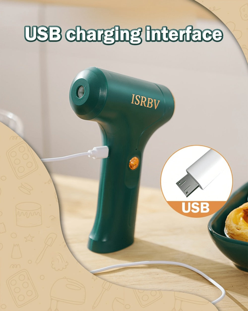 Cordless Electric Hand Mixer Mini USB Rechargeable Whisk Beater 1500RPM for Whipping Cream Cake Batter Ice Cream Egg Beating Home Kitchen Baking