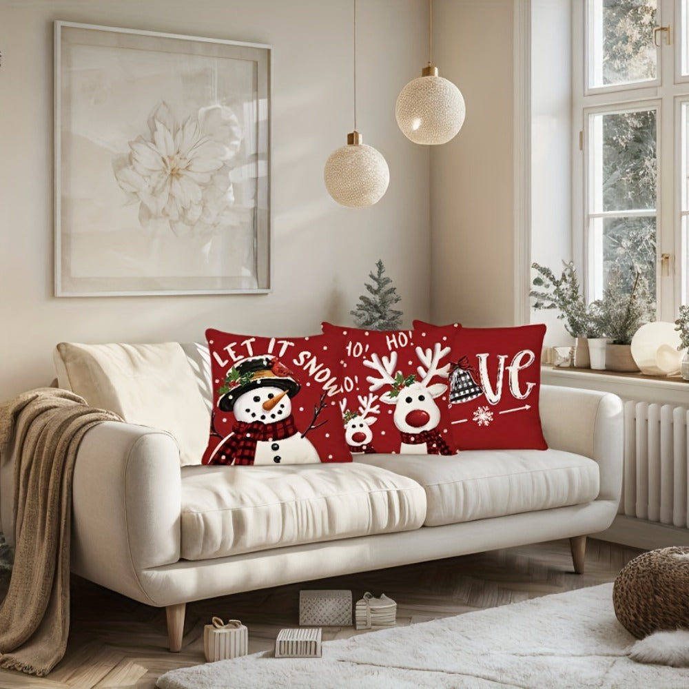 Christmas Throw Pillow Covers 4pcs Set 18x18 | Reindeer Snowman Buffalo Plaid Cushion Covers, Winter Holiday Farmhouse Home Decor, Sofa Couch Porch Patio, No Insert