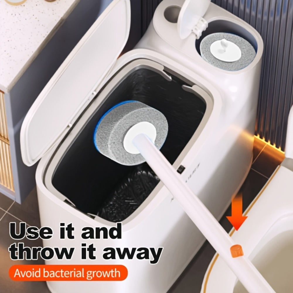 Toilet Brush and Trash Can 2-in-1 Set - Disposable Brush Heads Slim 7.7L Bathroom Waste Bin with Push Lid Hygienic No-Touch Cleaning System Space Saving ABS Plastic | White | RV Apartment Small Bathroom