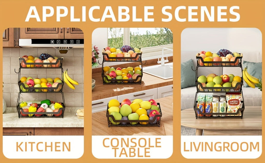Fruit Basket with Banana Hanger, 2-3 Tier Metal Countertop Organizer with Wooden Handle ¡ª Detachable Kitchen Storage Stand for Fruits, Vegetables & Bread | Large Capacity | Black