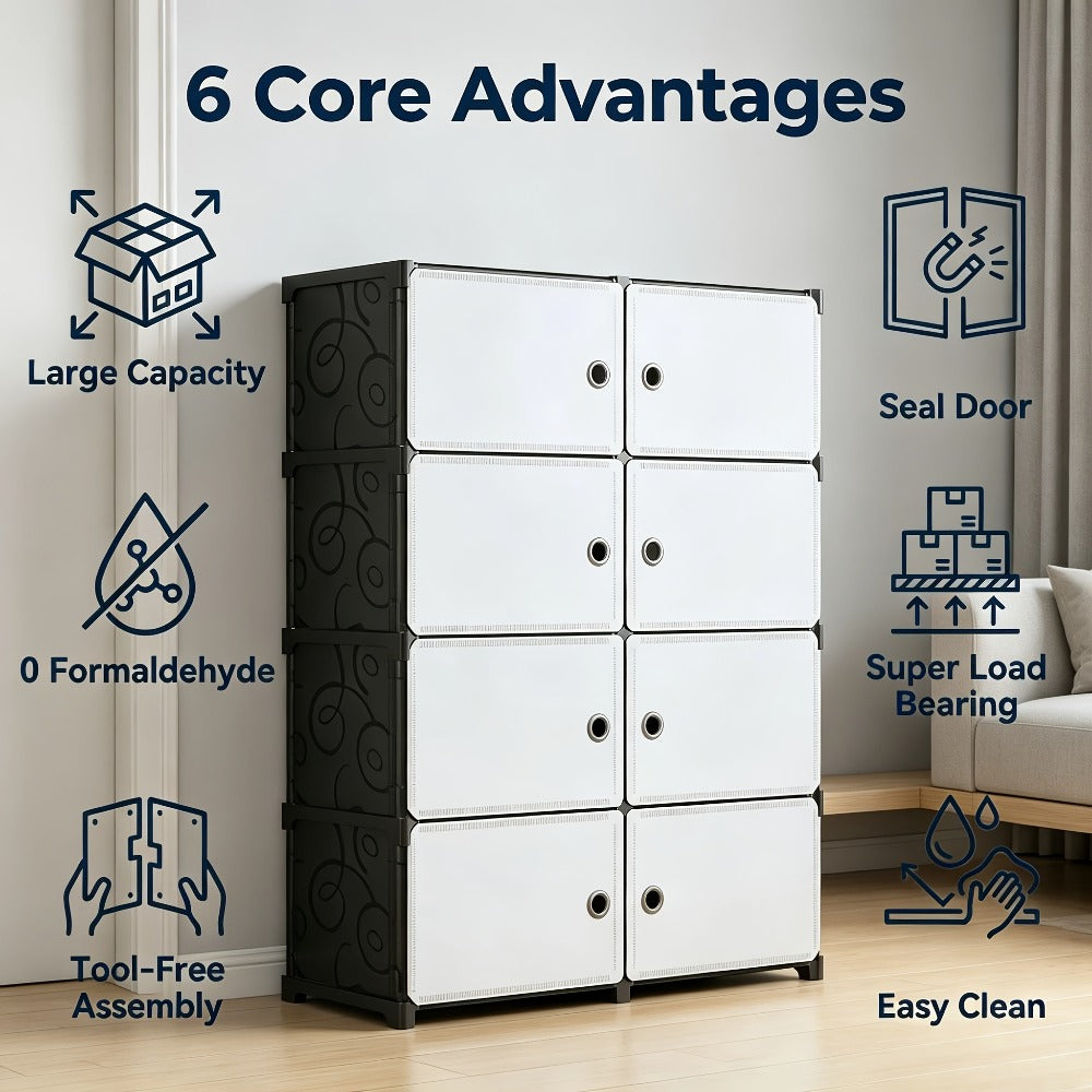 Modular Storage Cabinet with Magnetic Door, 3-Tier & 4-Tier Closet Organizer, Large Capacity Wardrobe Storage Unit, Dust-Proof Odor-Free Stackable Shelves, Easy Assembly for Bedroom Dorm Apartment Living Room