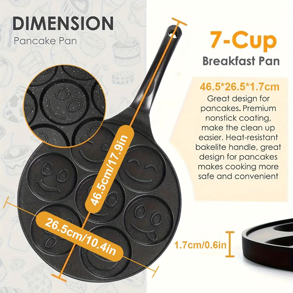 Non-Stick Pancake Pan 7-Hole Smiley Face ¨C Fun Breakfast Egg & Bacon Frying Tray for Kids & Family, Easy to Clean, Mini Pancake Maker Baking Pan Kitchen Cooking Tool