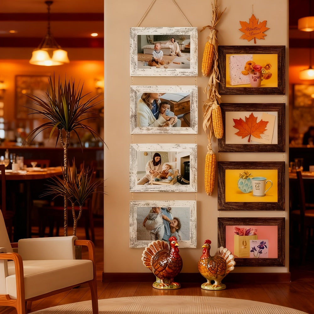 Picture Frame Set 4pcs Wooden Glass 4x6 with Flip-Top Display ¨C Collage Photo Frames for Wall & Desktop, Interchangeable Mat, Home Decor Room Aesthetic ¨C Wedding, Housewarming & Holiday Gift (White/Brown)