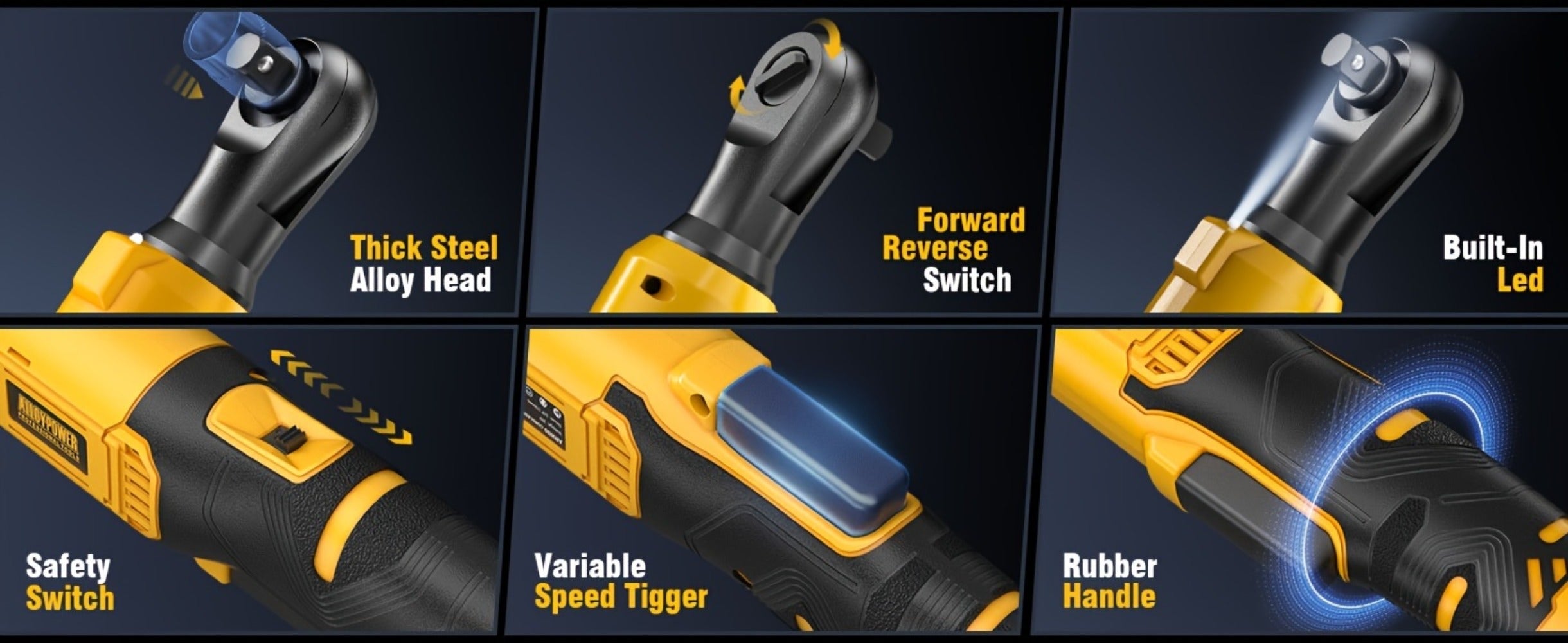 Cordless Ratchet Wrench Set 3/8 Inch 60FT-LBS 80Nm Electric Ratchet 2x20V Rechargeable Variable Speed LED Light 6 Sockets 1/4 Adapter 3 Inch Extension Rod Yellow