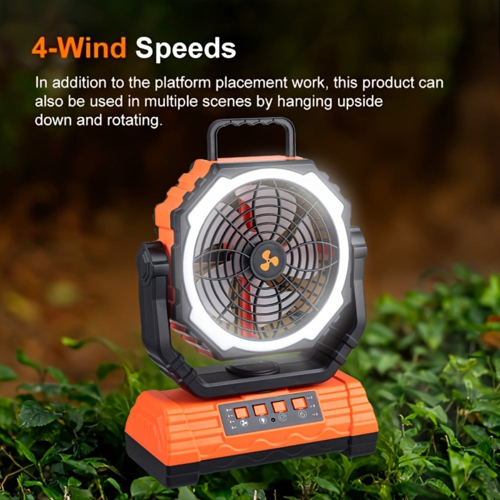 Portable Camping Fan with Dual Motors LED Light & Remote Control, Solar Powered Outdoor Fan with Hook for Tent Work Site Power Outage, Camping Accessories