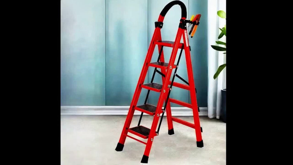 Folding Step Stool 5 Step 500 LBS Anti-Slip ¨C No Assembly, One-Hand Fold, Soft Grip Handle, Wide Pedals, Auto Safety Lock, Portable Lightweight Ladder for Home, Kitchen, Bedroom & Industrial Use