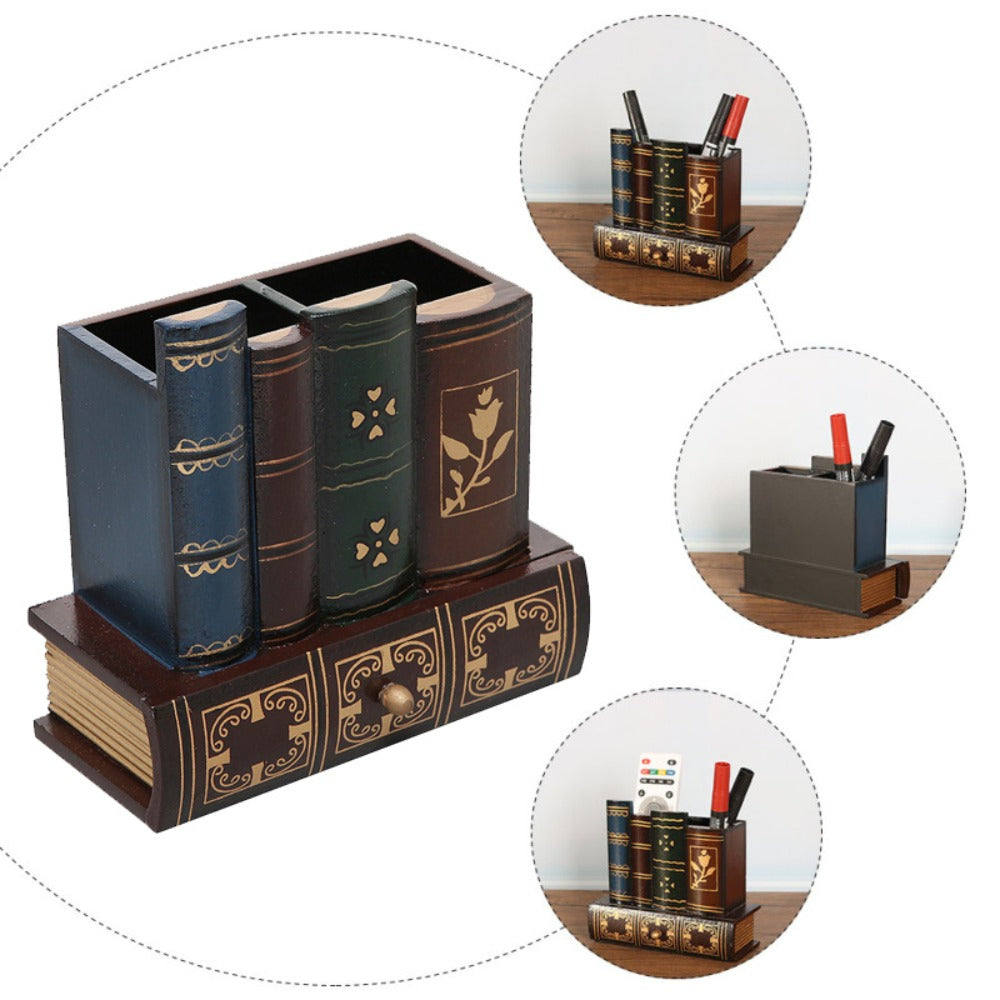 Wooden Pen Holder with Drawer Book-Shaped Desk Organizer, Vintage Retro Wood Desktop Storage Box with Hidden Drawer for Pens Pencils Remote Control, Decorative Office Home Study Room Gift