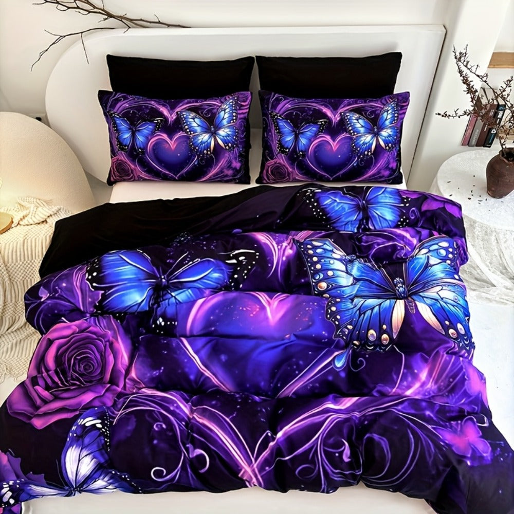 Purple Butterfly Floral Duvet Cover Set 3pcs - Colorful Fancy Butterfly Love Flower Bedding Set with 1 Duvet Cover & 2 Pillowcases, High-Definition Print, Twin Full Queen King, Polyester Bedroom Decor