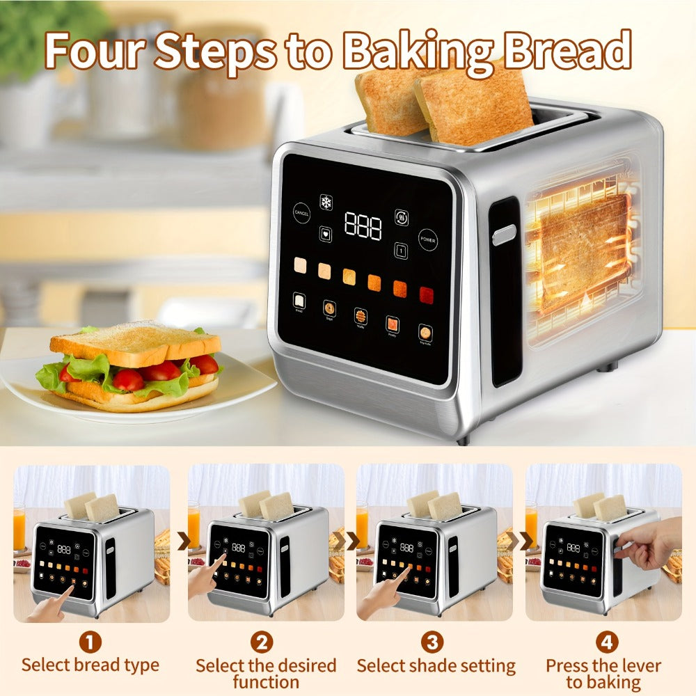 Digital Touch Screen Toaster 2 Slice Stainless Steel with 5 Bread Functions 7 Shade Settings Bagel Defrost Reheat Cancel Removable Crumb Tray LED Display Kitchen Toaster