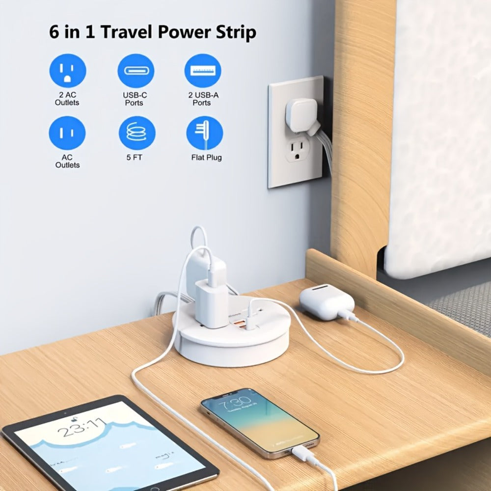 Travel Power Strip Retractable 4ft Flat Plug Extension Cord 3 Outlets 3 USB Ports 2 USB-C Compact Charging Station for Dorm Office Home Desk Travel