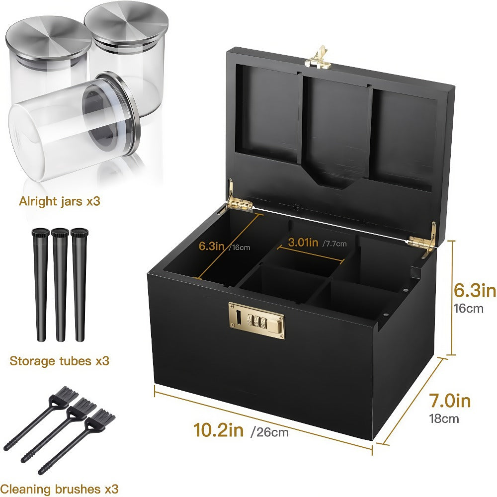 Bamboo Storage Box with Combination Lock Smell-Proof, Sliding Tray Detachable Compartments 3 Glass Jars Brushes Tubes, Wooden Stash Box Kit with Lock Elegant Gift Set for Essentials Organization