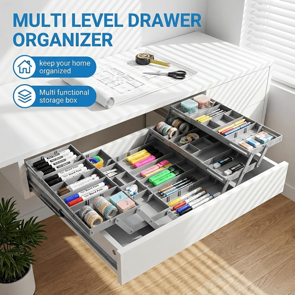 Collapsible Drawer Organizer Box, Double Row Expandable Desk & Drawer Storage with ABS Material, Jewelry Cosmetics Home Office Organizer