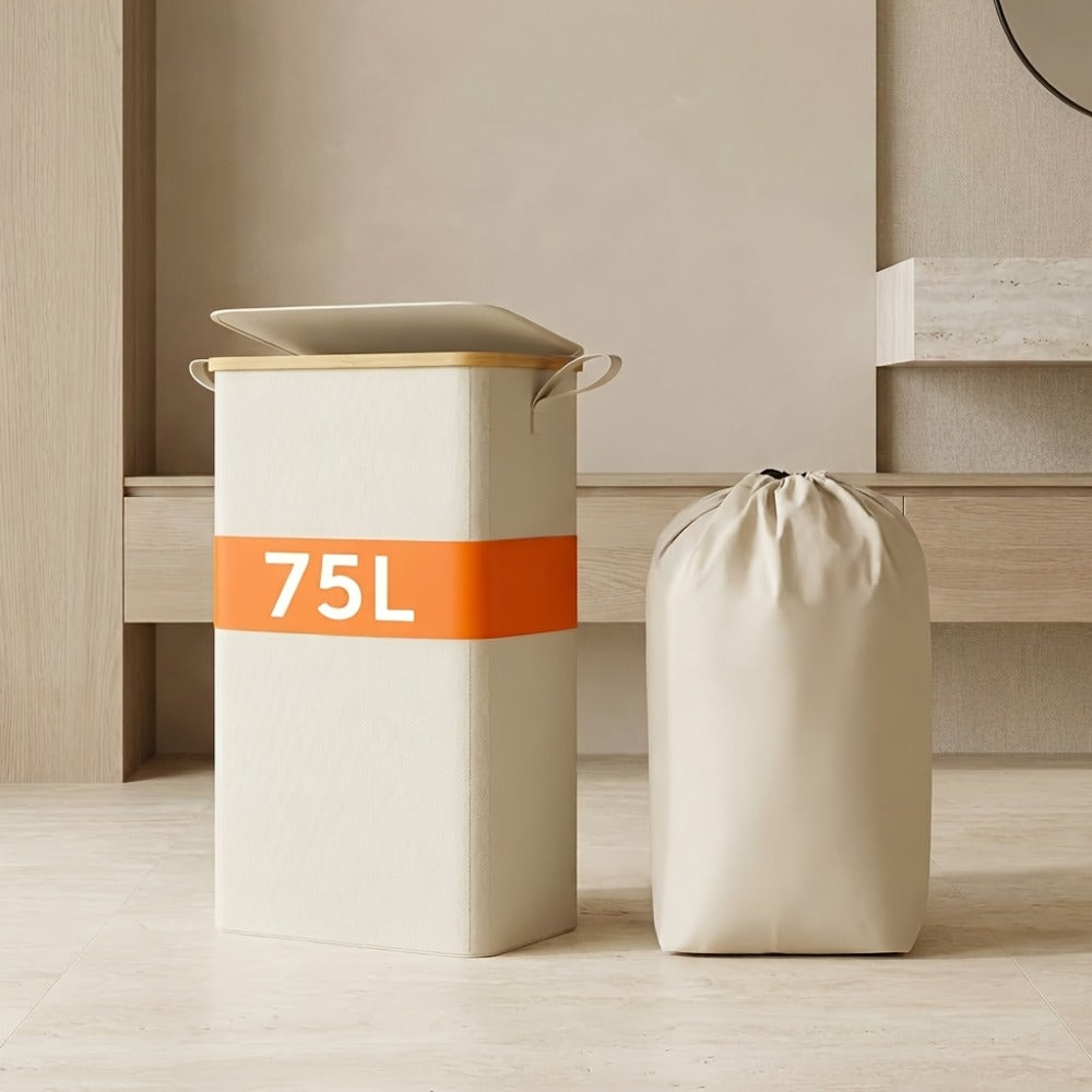 Slim Laundry Hamper with Lid & Removable Bag ¨C Foldable Narrow Clothes Basket with Bamboo Handles for Bathroom, Bedroom & Dorm ¨C 50L / 65L / 75L Space-Saving Collapsible Laundry Bin