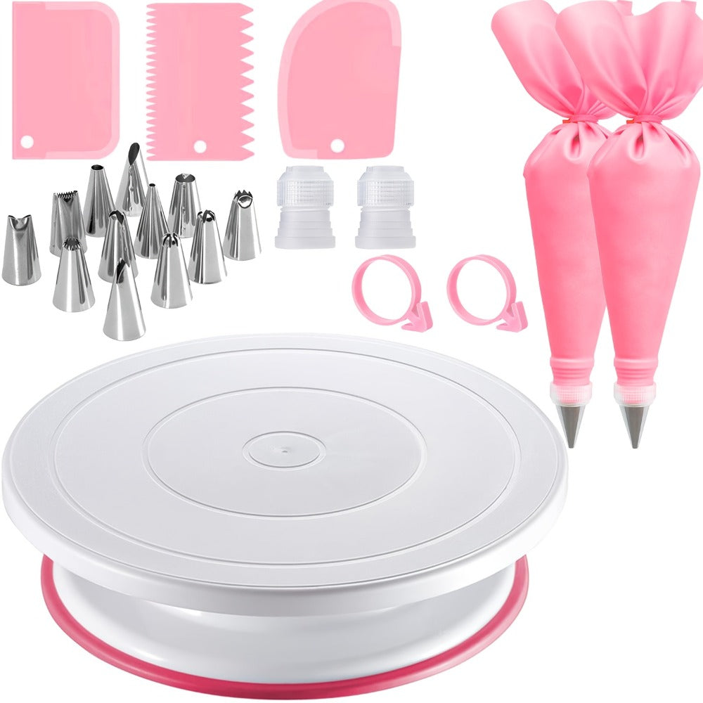 Cake Decorating Set 22-Piece with Rotating Turntable Stand, Stainless Steel Piping Tips, Pastry Bags, Icing Spatula & Scrapers, Complete Cake Decoration Kit for Beginners and Home Bakers, Pink
