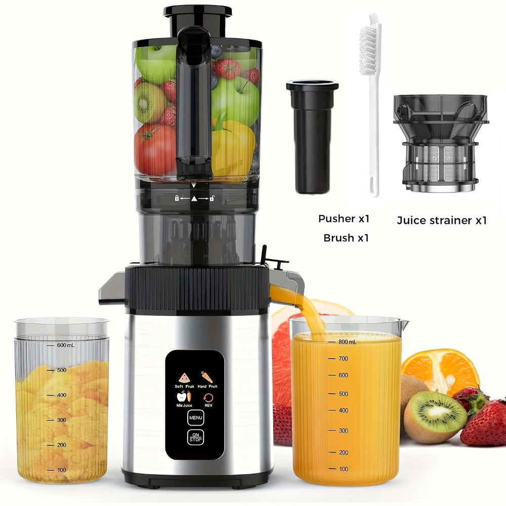 Cold Press Juicer Machine with Large Feed Chute - Slow Masticating Juicer for Whole Fruits & Vegetables, High Juice Yield, Easy to Assemble & Clean, LED Display Option, Silver, for Home & Kitchen