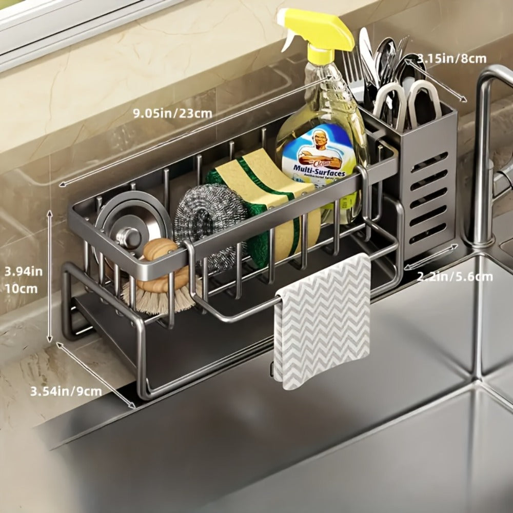 Kitchen Sink Organizer Sponge Holder with Self-Draining Tray Removable Rag Rod Carbon Steel Countertop Storage Rack for Sponges Brushes Soap Bathroom