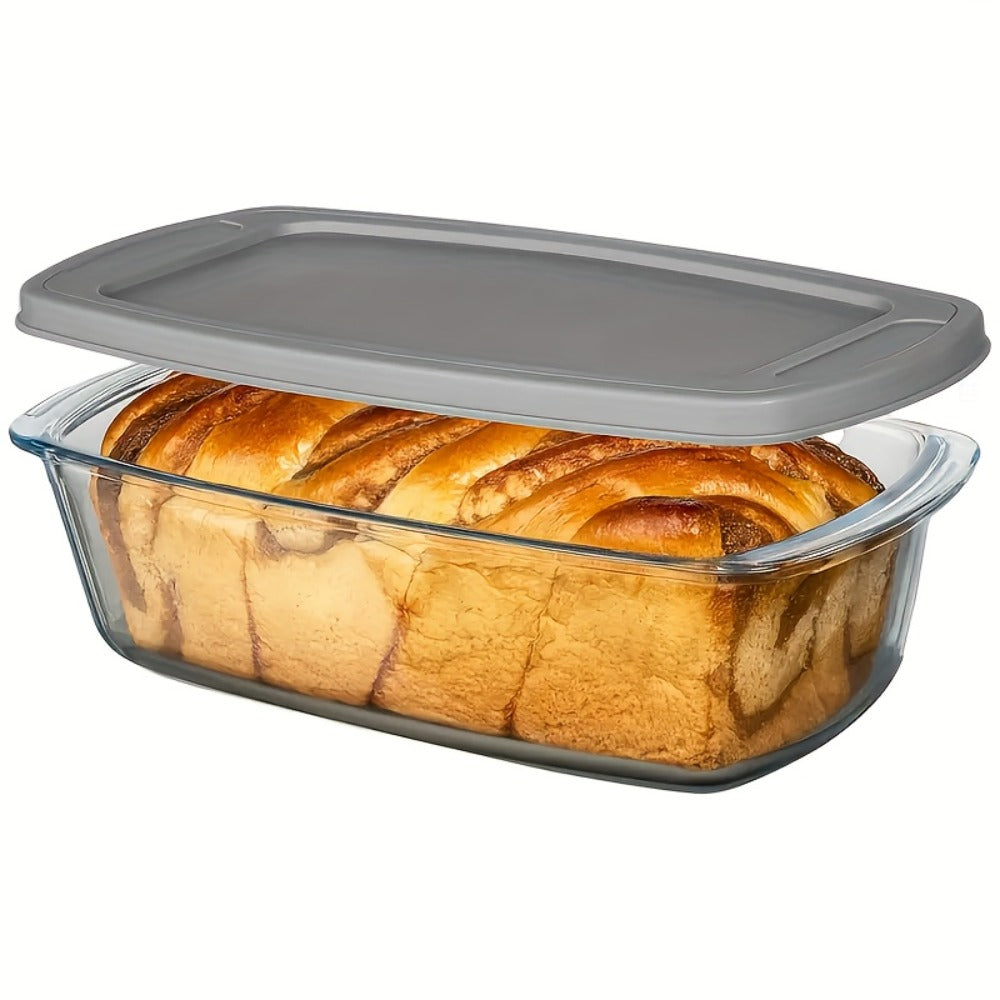 Glass Baking Dish with Lid, 1.9 Qt Rectangular Glass Loaf Pan with Handles, Oven & Microwave Safe Airtight Food Storage Container, Stackable Glass Bread Pan for Baking Bread Cakes, with Silicone Brush