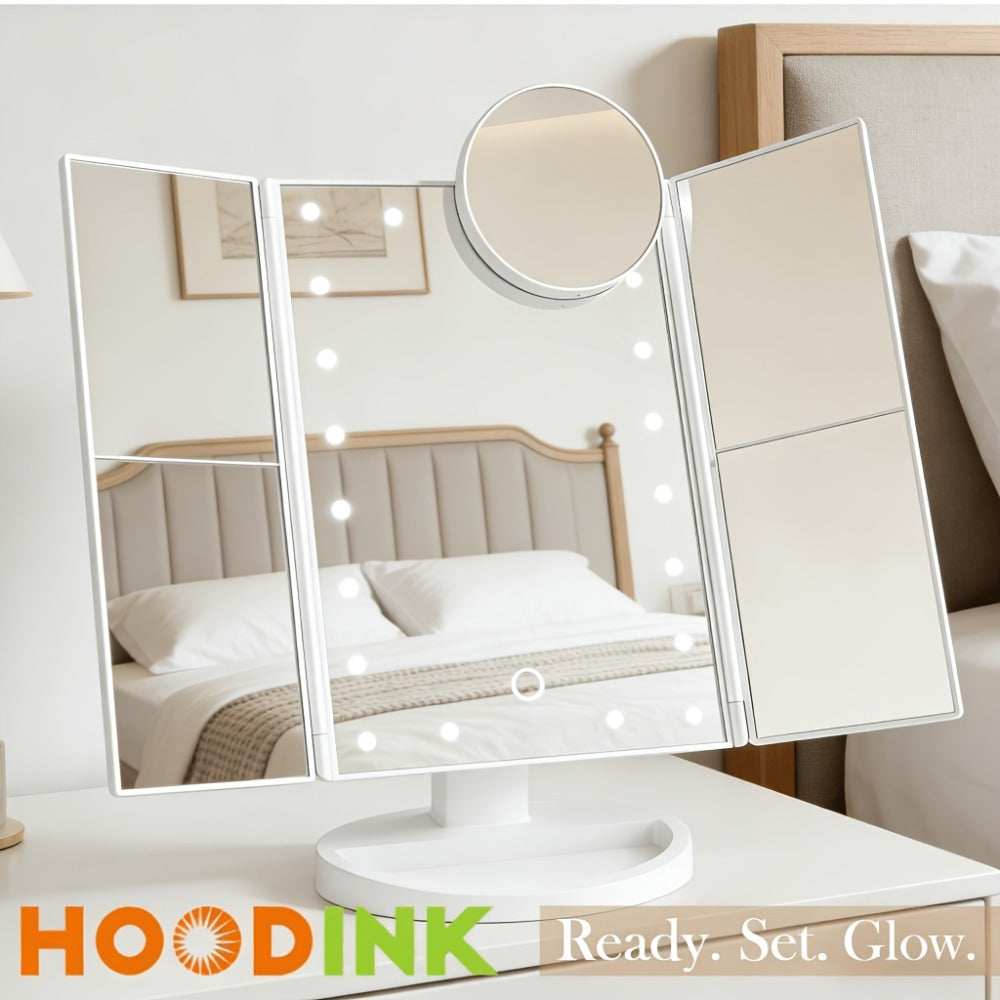 LED Tri-Fold Makeup Mirror with Touch Screen ¨C 1X/2X/3X/10X Magnifying Vanity Mirror, Flexible Adjustable Base, Lighted Travel Mirror for Makeup Desk, Bedroom & Bathroom | Gift for Women