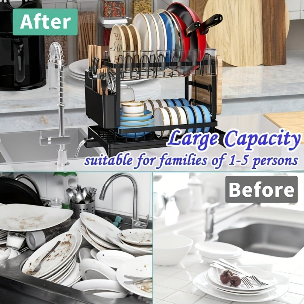 2-Tier Dish Drying Rack with Drip Tray Large Kitchen Counter Dish Drainer