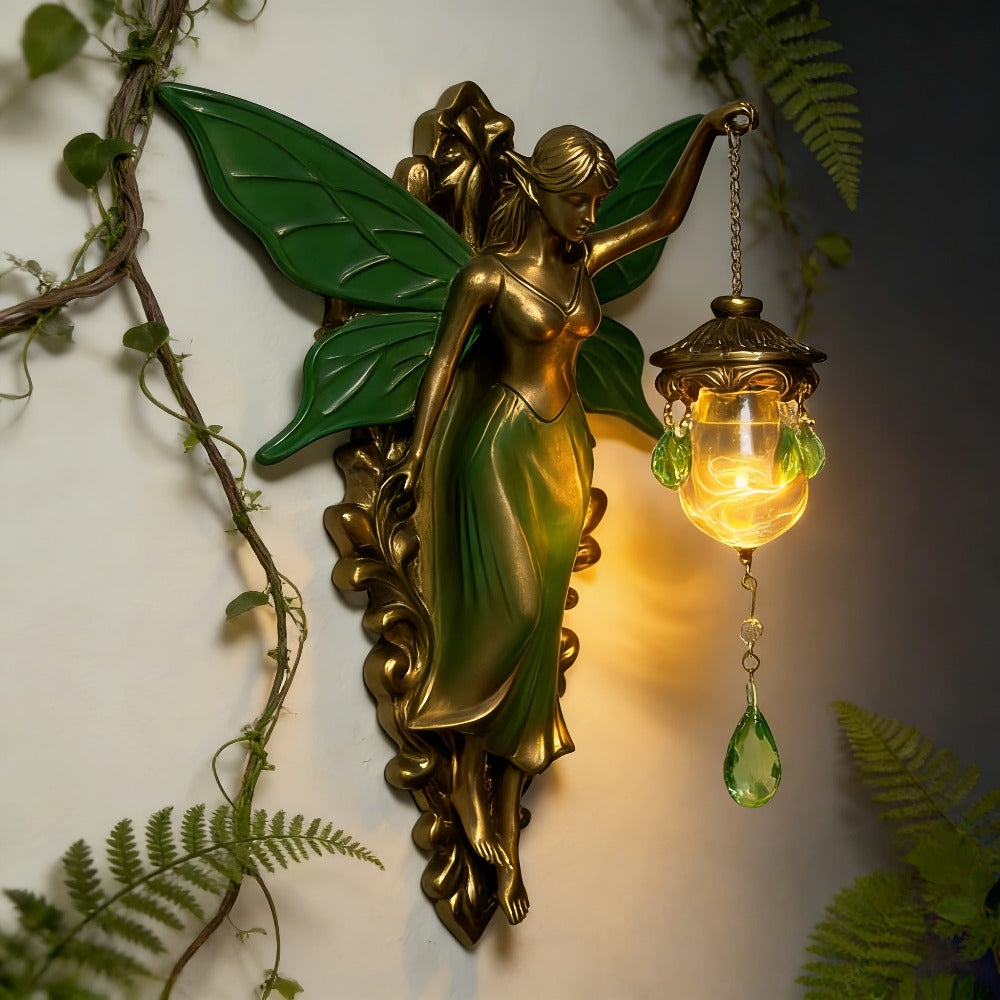 Fairy Statue Wall Decor 9.84in Fantasy Forest Fairy Sculpture ¨C Carved Green Leaf Art Wall Hanging Ornament for Bedroom Living Room ¨C Dreamy Fairy Tale Home Decor Gift for Fairy Lovers Easter Spring