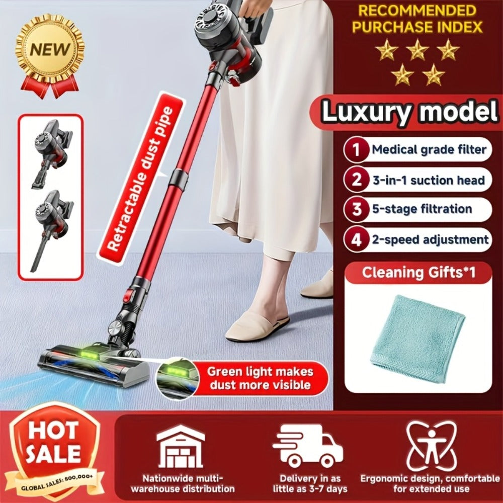 Cordless Vacuum Cleaner with Green Light Indicator, Brushless Motor Rechargeable Handheld Stick Vacuum for Home Car Carpet Pet Hair Hardwood Floor, 2L Dust Cup 45-Min Runtime Multi-Filter Portable Design