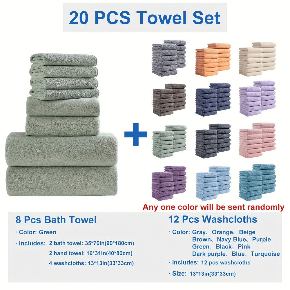 Bath Towel Set 20 Piece 100% Microfiber Absorbent Quick Dry Soft Extra Large Bath Sheets 8 Bath Towels 12 Washcloths Home Bathroom Spa Gift White Beige Gray Blue Green Purple