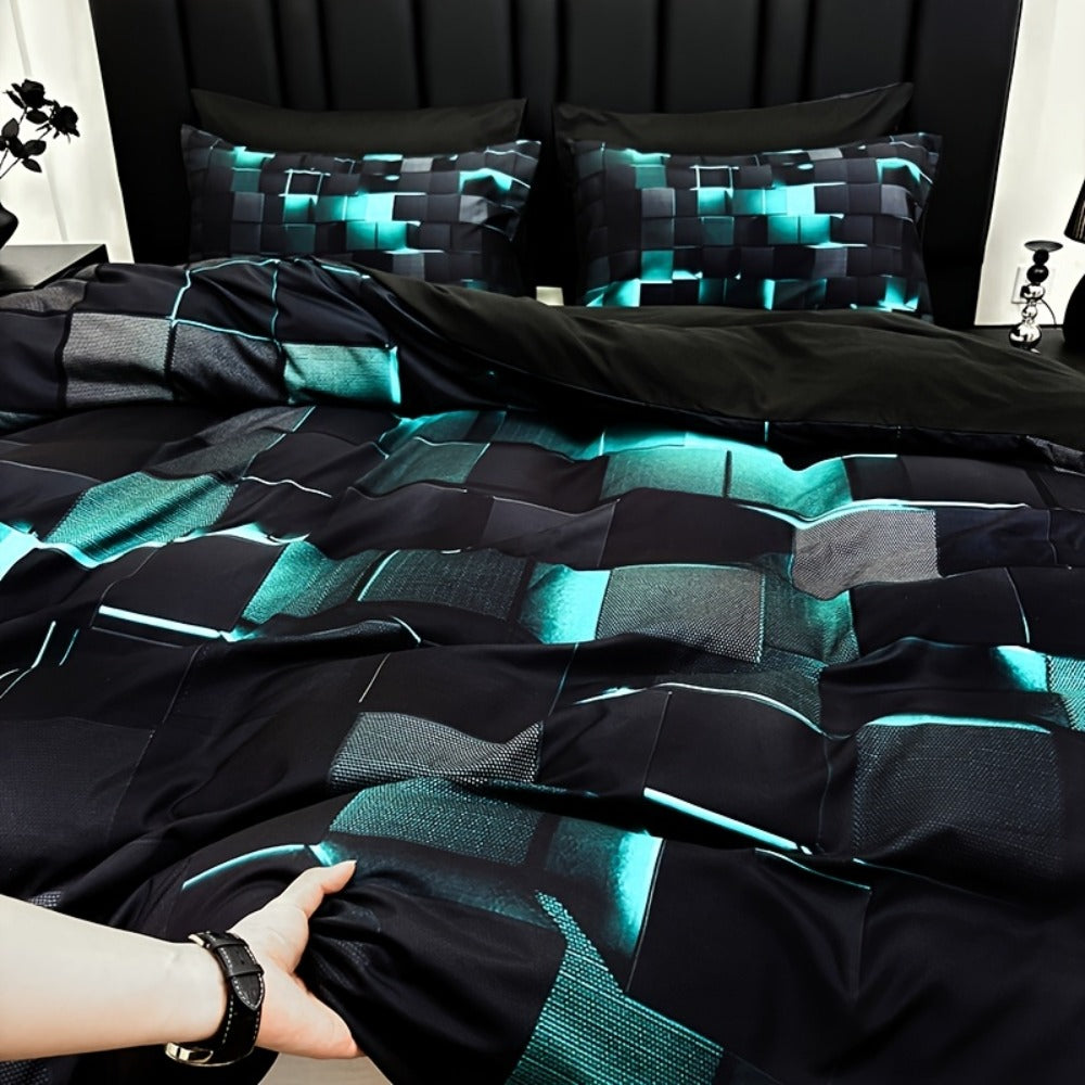 Duvet Cover Set 3 Piece Plaid Digital Print Polyester Bedding All Season Twin Full Queen King Size with Pillowcases Purple Blue Red
