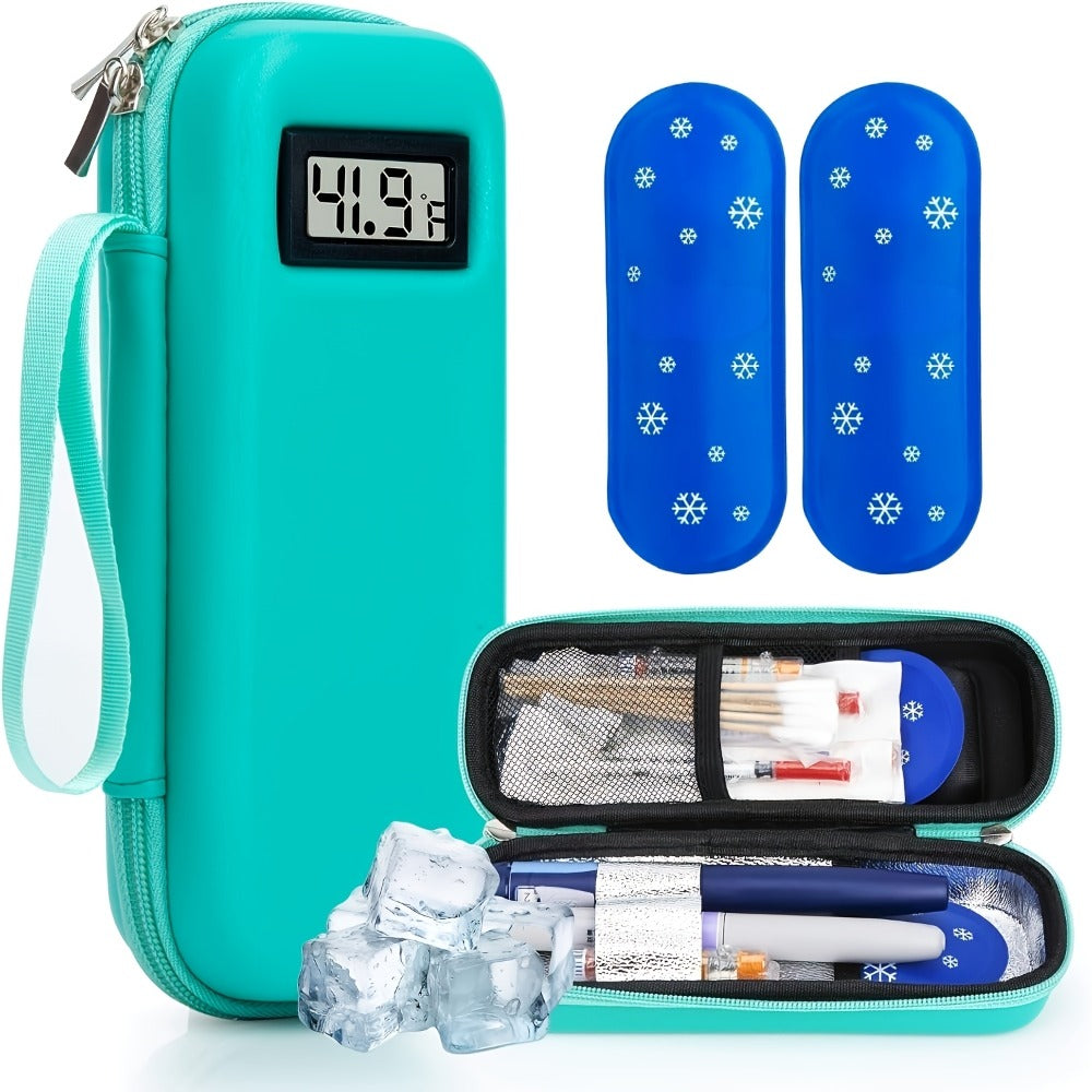 Insulin Travel Case with Temperature Monitor 2 TSA Approved Ice Packs Portable Diabetic Bag for Insulin Pens Syringes Medication Diabetes Essentials Blue Green Black
