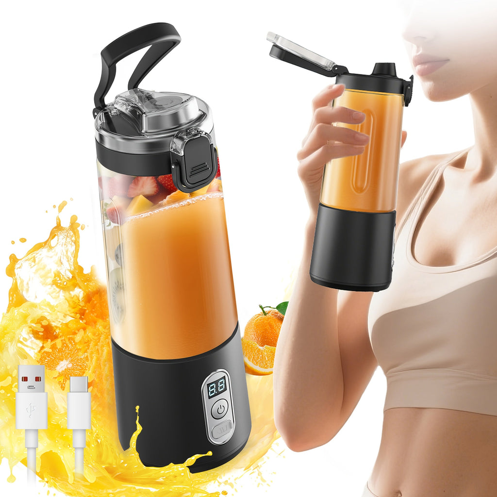 Portable Smoothie Blender USB-C Fast Charge 6-Blade Stainless Steel ¨C Digital Timer Battery Display High-Speed Ice Crush No-Spill Lid | Protein Shake Gym Travel Blender in Black Pink White