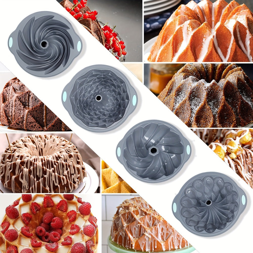 Silicone Bundt Cake Pan Set 9-Piece, Nonstick Fluted Hollow Cake Molds in Crown Nest Spiral Braided Shapes, Easy Release Silicone Baking Molds for Cakes Brownies Flan Meatloaf, Light Gray