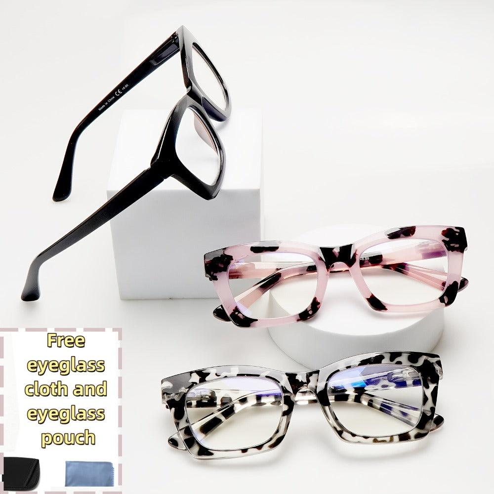Blue Light Blocking Reading Glasses 3 Pack - Anti Blue Light Computer Readers for Women and Men, Square Spring Hinge Frames with Eyeglass Cloths and Bags, Multiple Magnifications
