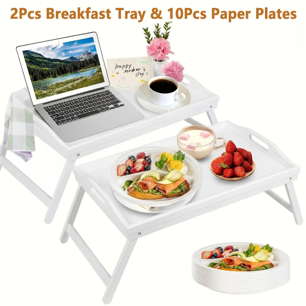 Bamboo Breakfast Tray with Folding Legs & Handles 2 Pack ¨C Extra Wide Foldable Bed Tray Table for Eating, Working & Drawing on Sofa or Bed, Food-Safe Natural Bamboo with 10 Paper Plates