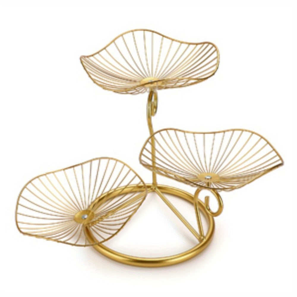 Fruit Basket Stand 3-Tier Decorative Iron Metal Wire Fruit Bowl with Lotus Leaf Design, Countertop Holder for Fruits Vegetables Bread Snacks, Modern Home Kitchen Table Centerpiece Organizer Gold