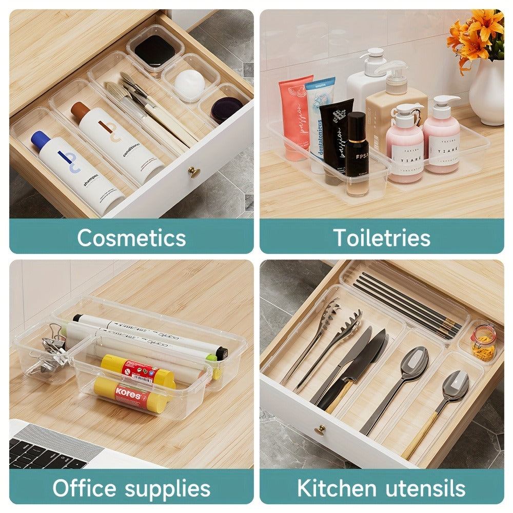 Drawer Organizer Set 25pcs Transparent Plastic Storage Boxes | Bathroom Vanity Makeup Organizer Tray for Cosmetics, Jewelry, Office Desk & Bedroom Dresser - Multifunctional PET Stackable Divider Kit