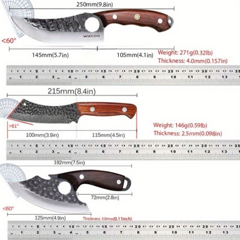 Chef Knife Set Stainless Steel, Professional Kitchen Knife Set with Boning Knife & Utility Knife, Viking BBQ Knife with Hammered Blade & Wood Handle, Multipurpose Cooking Knives for Meat Fish Vegetable
