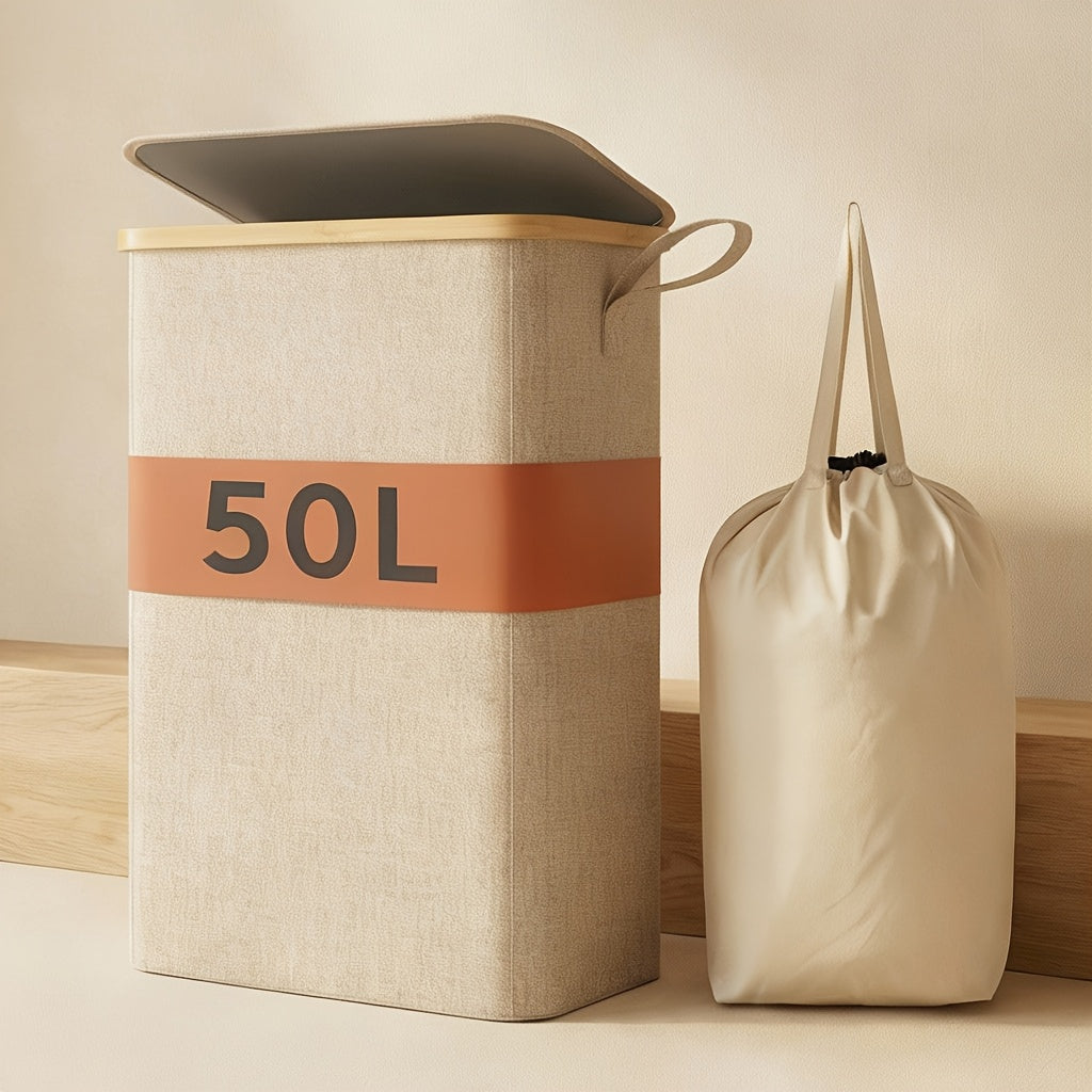 Slim Laundry Hamper with Lid & Removable Bag ¨C Foldable Narrow Clothes Basket with Bamboo Handles for Bathroom, Bedroom & Dorm ¨C 50L / 65L / 75L Space-Saving Collapsible Laundry Bin