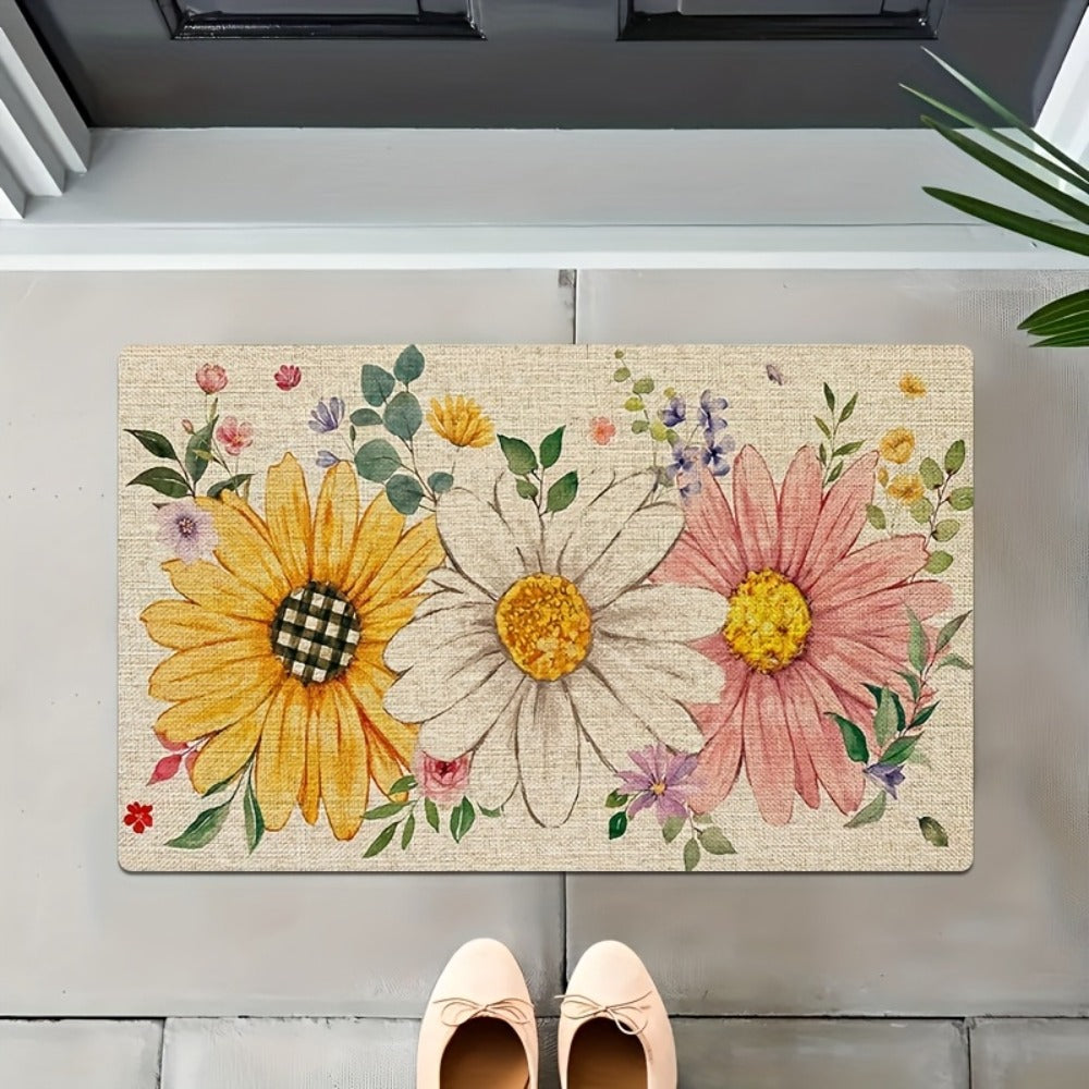 Sunflower Daisy Doormat Floral Welcome Mat Flannel Non-Slip Rug for Front Door Entryway Bathroom Kitchen, Spring Summer Seasonal Decor, 10mm Thick, Single & Set Options
