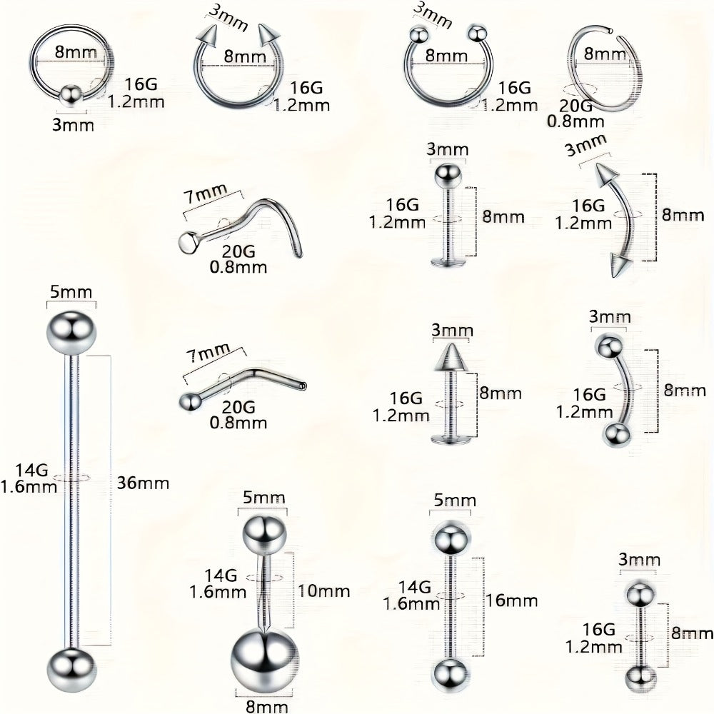 Piercing Kit Stainless Steel Random Set ¨C Nose Bone Ear Tragus Lip Belly Button Eyebrow Piercing Needle Tools with Stainless Steel Jewelry, Trendy Body Piercing Accessories for Men and Women