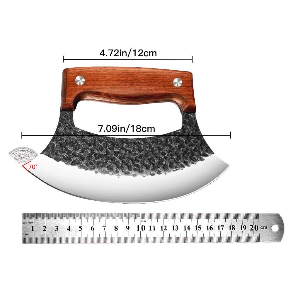 Hand-Forged Ulu Knife Rocker Blade High Carbon Steel Full Tang Rosewood Handle with Leather Sheath & Gift Box, Mezzaluna Chopping Knife for Kitchen Camping BBQ, Chef Gift for Men