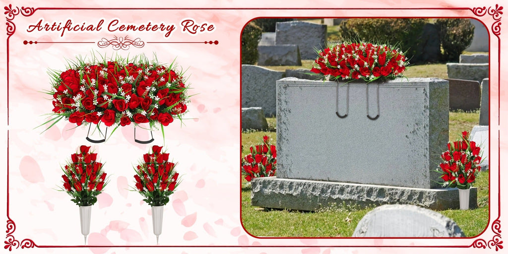 Artificial Cemetery Grave Flowers Silky Rose Bouquet Memorial Decoration