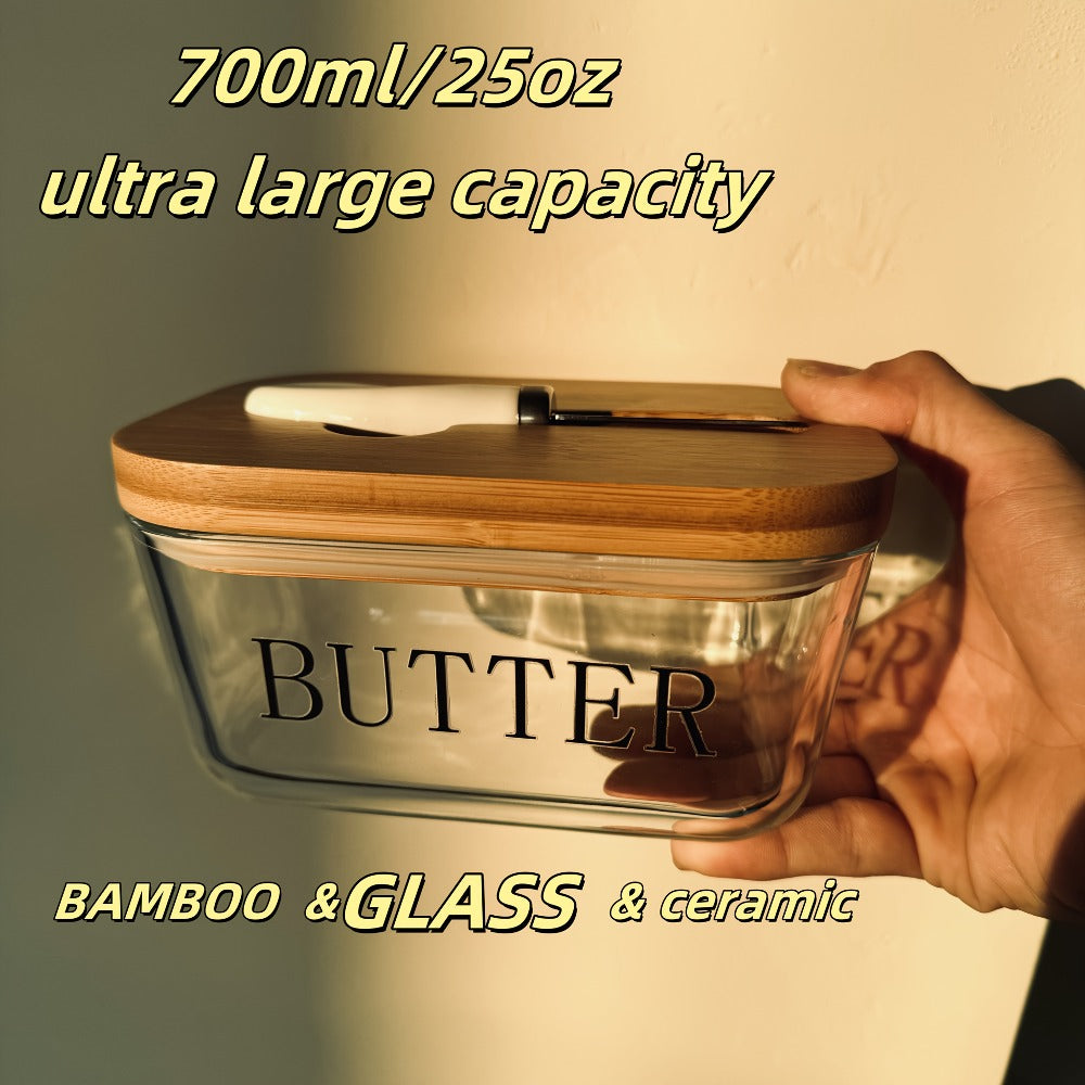 Glass Butter Dish with Airtight Lid, 700ml/25oz - Countertop & Fridge Butter Keeper, Covered Butter Tray with Lid for Counter or Refrigerator Door Shelf