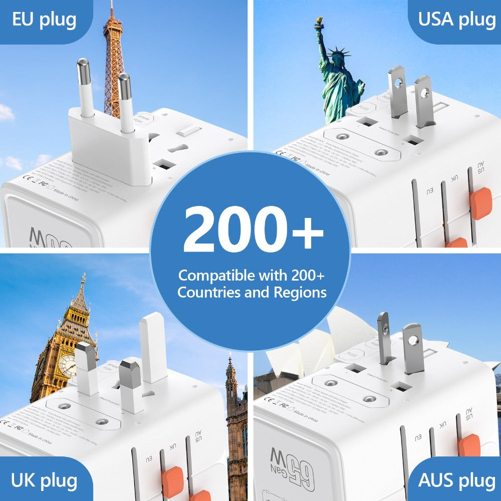 65W Universal Travel Adapter with 4 USB Ports - 2 USB-C & 2 USB-A Fast Charging, US EU UK AU Plugs, 100-240V Input, Overload & Short Circuit Protection, 200+ Countries, White & Black