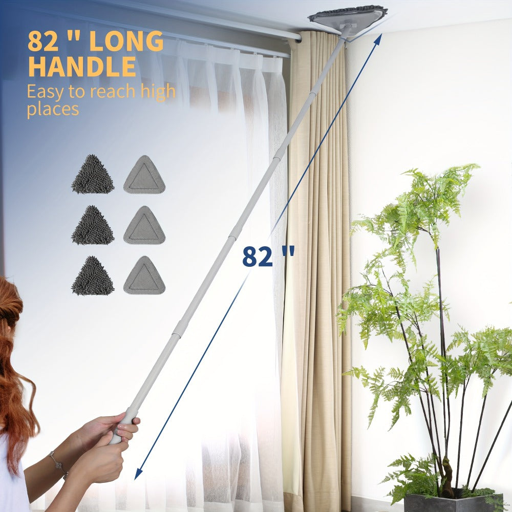 Long Handle Wall Mop 82 Inch Ceiling Floor Baseboard Cleaner Tool with Squeegee & 6 Replacement Microfiber Pads for Walls Windows