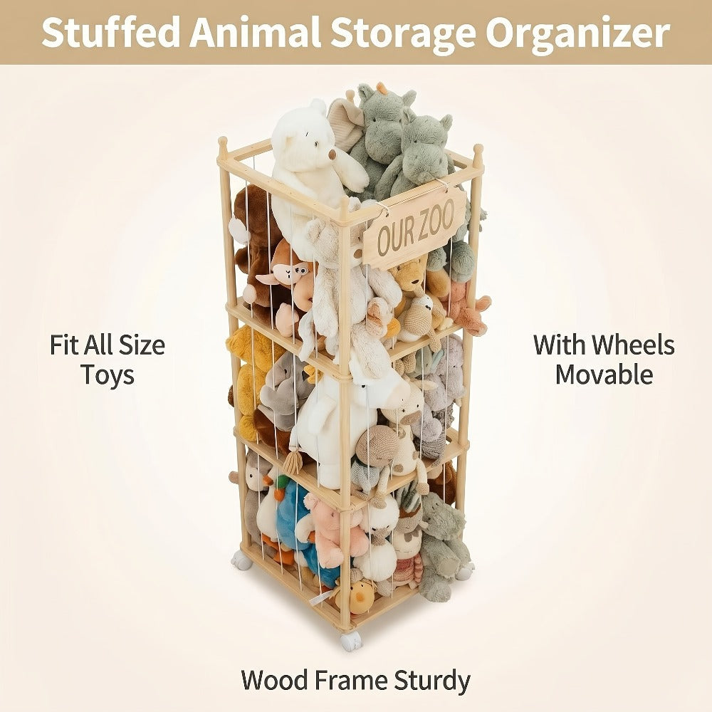 Stuffed Animal Storage Tower Wooden Zoo Cage Design Large Plush Toy Organizer Holder for Kids Playroom Bedroom No-Tool Assembly Boys Girls Gift