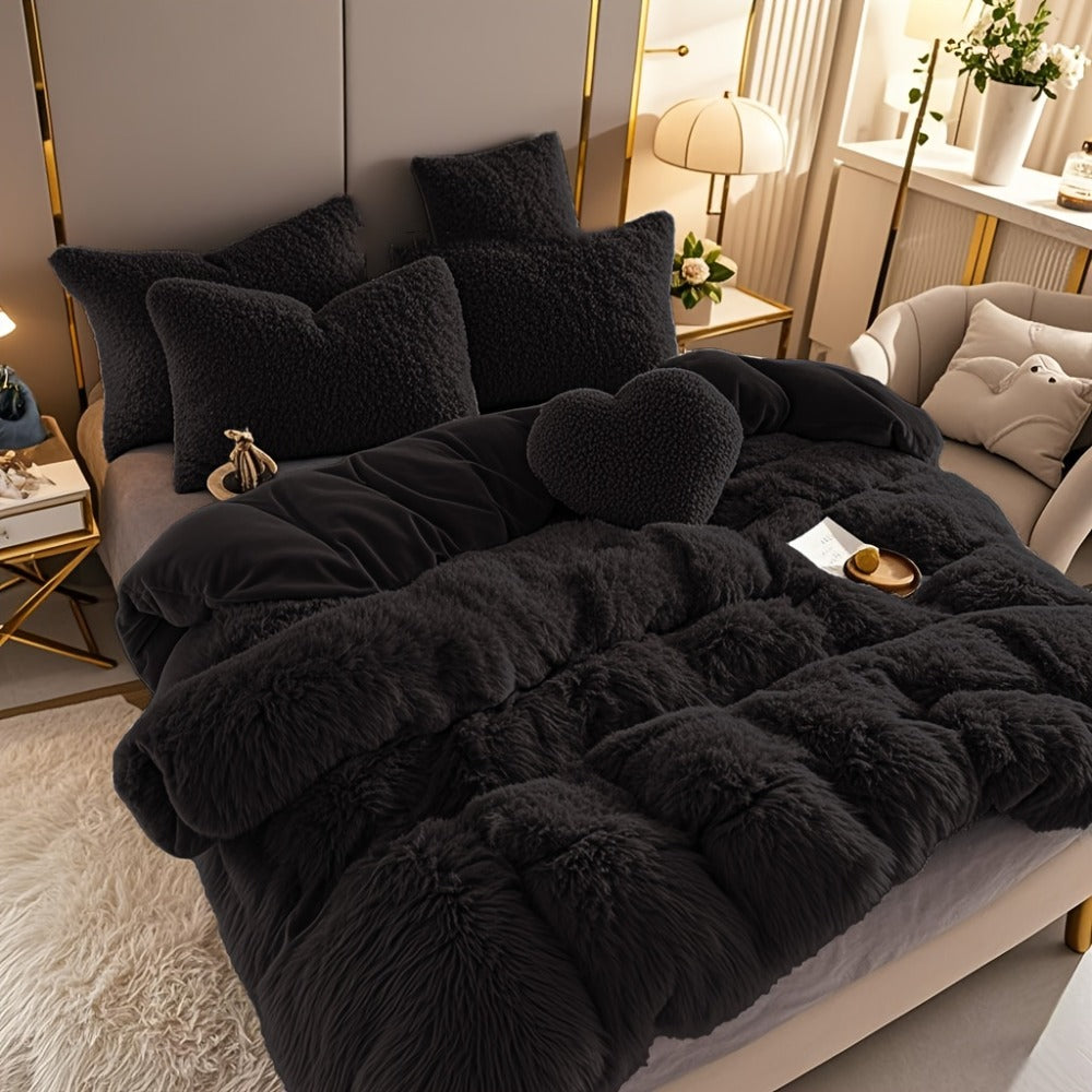 Fluffy Bedding Set 4pcs Soft Warm Plush Duvet Cover with Pillowcases Queen King - Cozy Autumn Winter Comforter Set 8 Colors