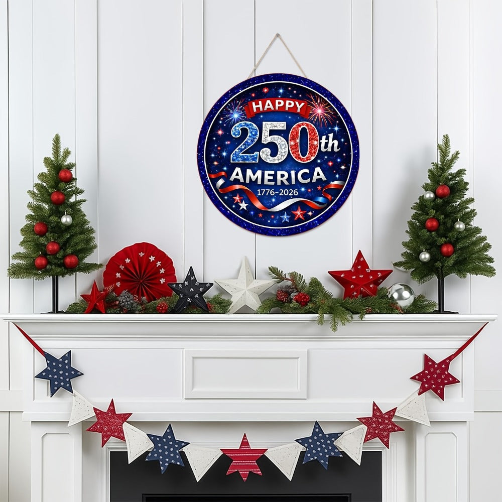 Patriotic Wooden Door Sign 250th Anniversary 1776-2026 Retro Round Wreath 4th of July Independence Day Hanging Decoration Home Porch Outdoor Wall Decor