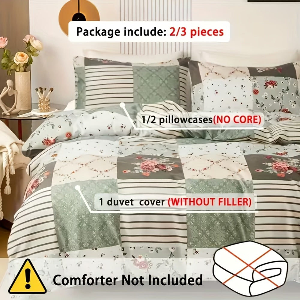 Floral Duvet Cover Set 3 Piece - Zipper Closure Patchwork Comforter Cover with 2 Pillowcases, All-Season Lightweight Kids Bedding Set, Pastoral Flower Plaid Print, Twin Full Queen King