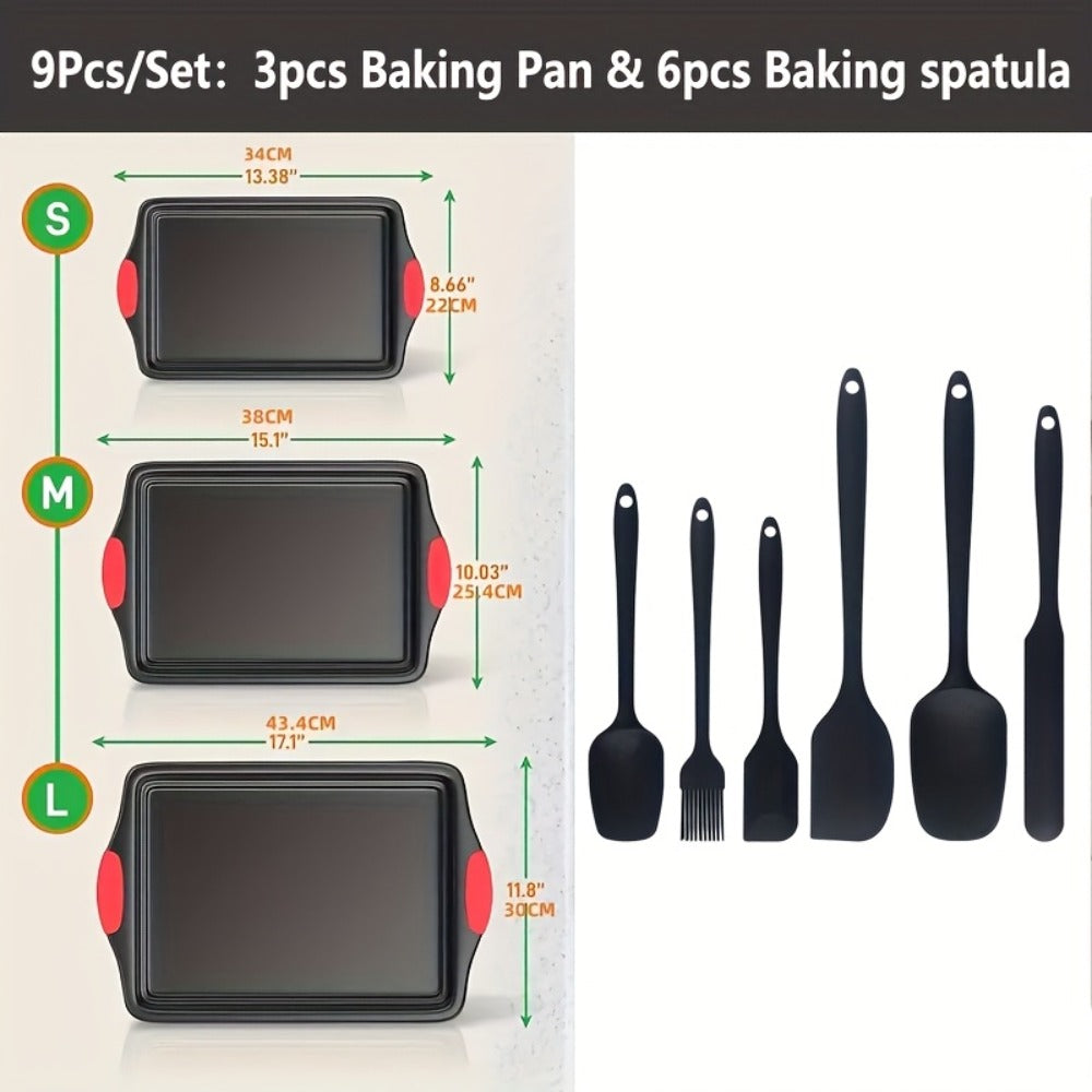 Carbon Steel Nonstick Baking Pan Set 3 or 9pcs Commercial Grade Restaurant Quality Nonstick Inside and Outside Oven Baking Pan with Red Silicone Handle Gray